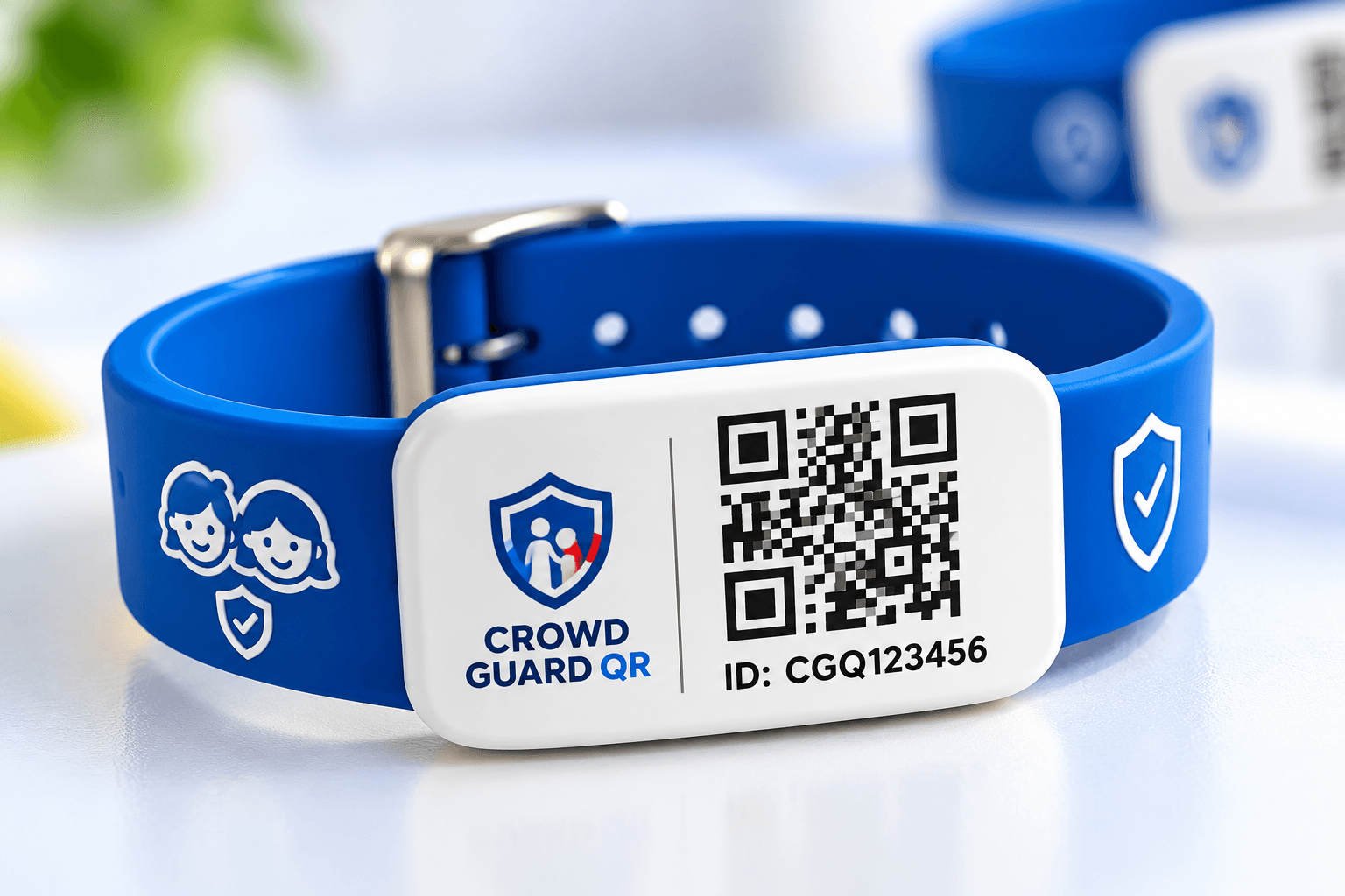 Crowd Guard QR blue wristband with QR code and sample unique ID