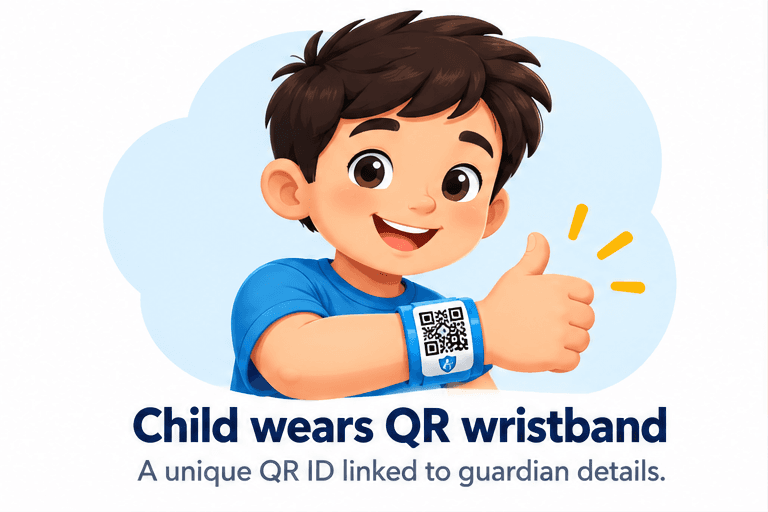 Child wears QR wristband